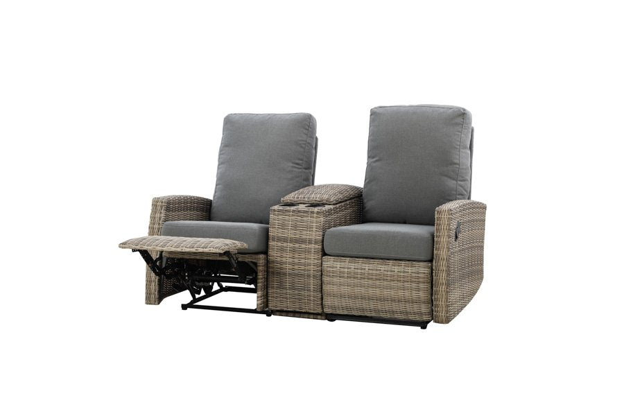 Keywest Outdoor Wicker Reclining Console Loveseat Conversation Set with a pair of recliners- Dove Grey & Carolina Blue