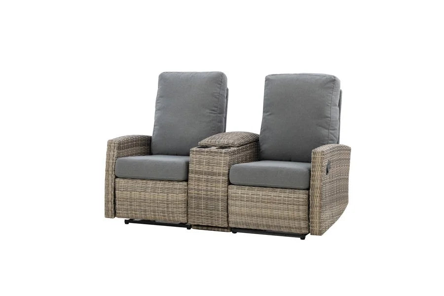 Keywest Outdoor Wicker Reclining Console Loveseat Conversation Set with a pair of recliners- Dove Grey & Carolina Blue
