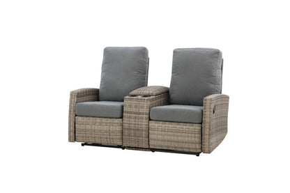 Keywest Outdoor Wicker Reclining Console Loveseat Conversation Set with a pair of recliners- Dove Grey & Carolina Blue
