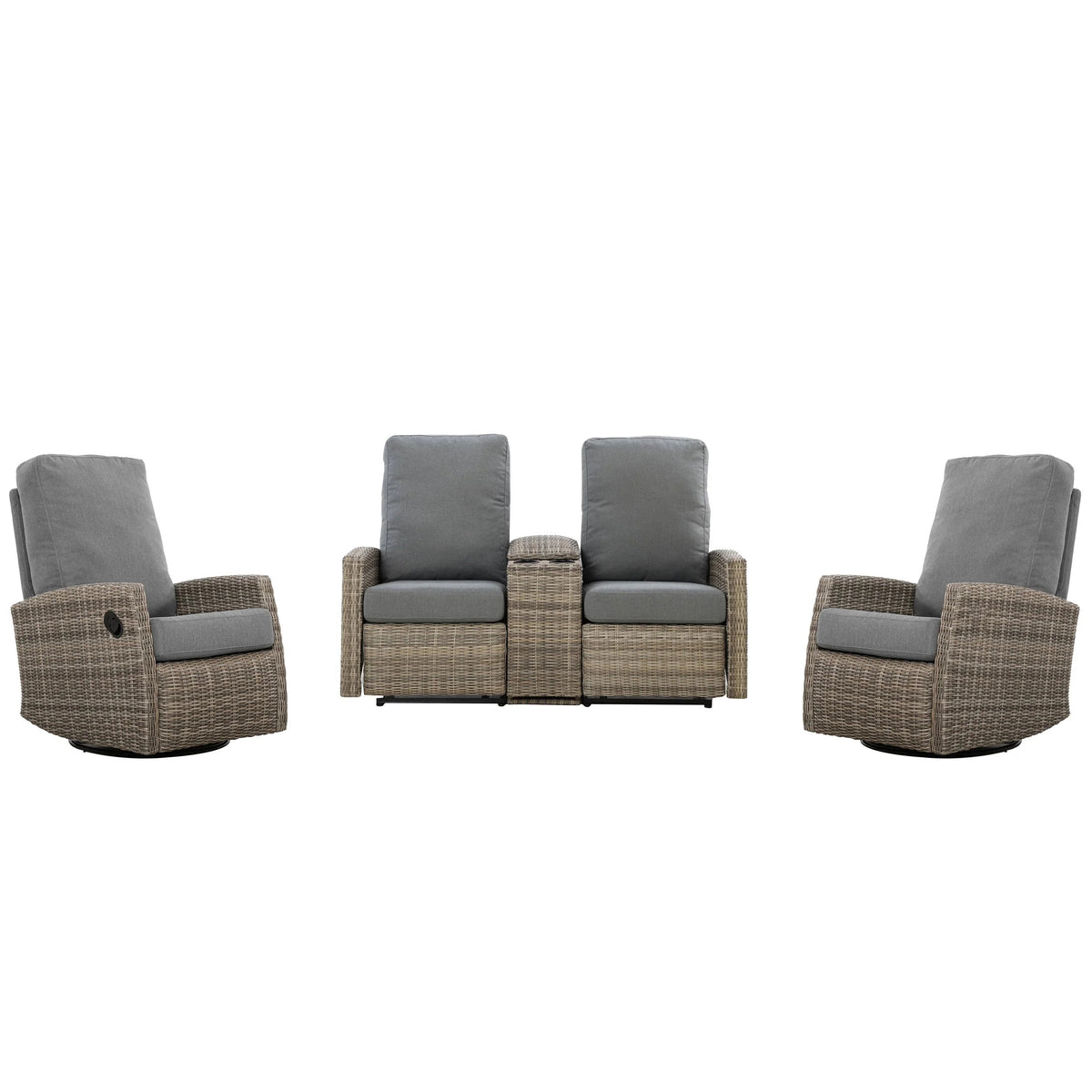 Keywest Outdoor Wicker Reclining Console Loveseat Conversation Set with a pair of recliners- Dove Grey & Carolina Blue