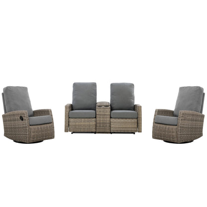 Keywest Outdoor Wicker Reclining Console Loveseat Conversation Set with a pair of recliners- Dove Grey & Carolina Blue