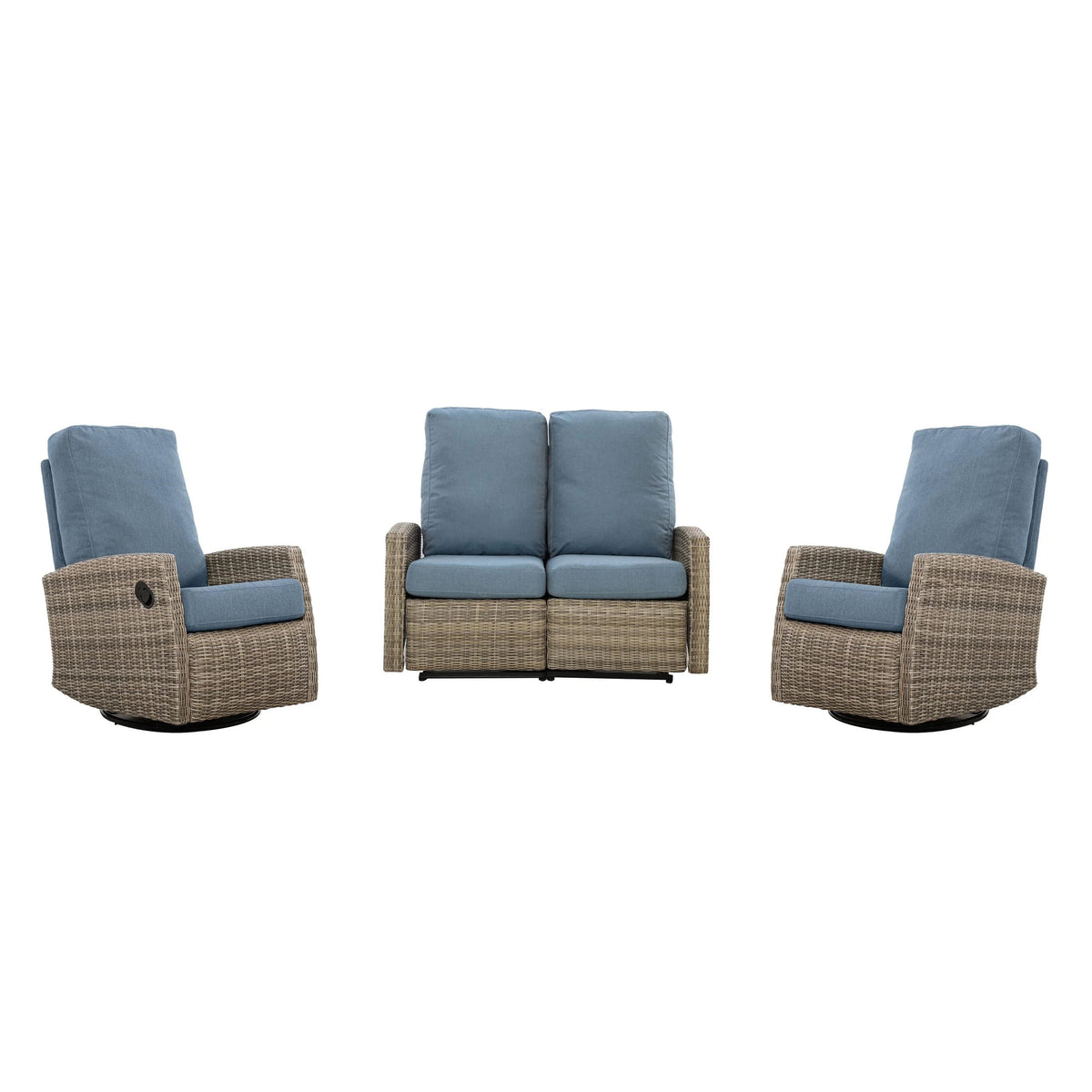 Keywest Outdoor Wicker Reclining Loveseat Conversation Set with a pair of recliners- Dove Grey & Carolina Blue