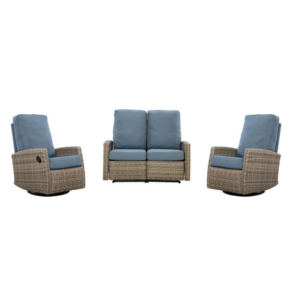 Keywest Outdoor Wicker Reclining Loveseat Conversation Set with a pair of recliners- Dove Grey & Carolina Blue