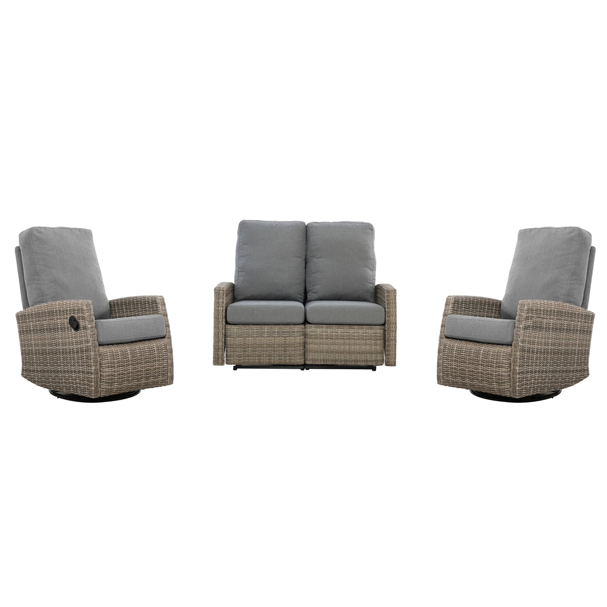Keywest Outdoor Wicker Reclining Loveseat Conversation Set with a pair of recliners- Dove Grey & Carolina Blue