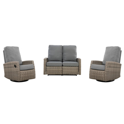 Keywest Outdoor Wicker Reclining Loveseat Conversation Set with a pair of recliners- Dove Grey & Carolina Blue