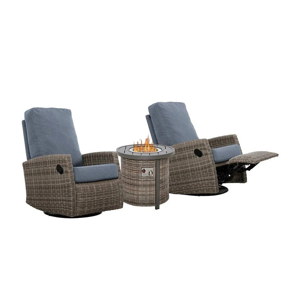 Keywest Outdoor Firepit Bistro Set | 2PC Wicker Swivel Glider Recliner with Firepit Table