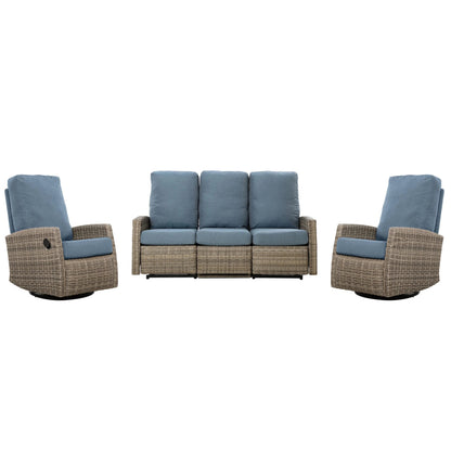 Keywest Outdoor Wicker Reclining Sofa Conversation Set- Dove Grey & Carolina Blue
