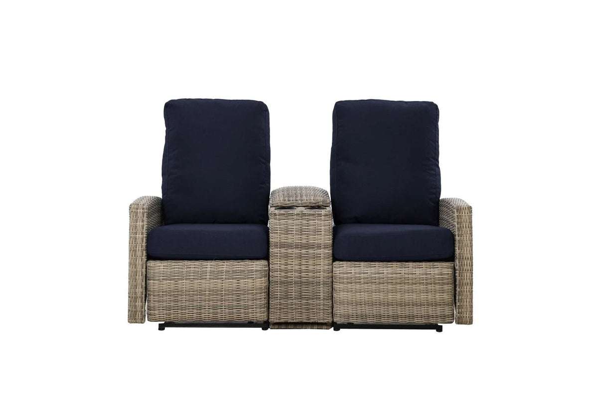 Keywest Outdoor Wicker Reclining Loveseat Sofa with Console in Sunbrella® Canvas Navy