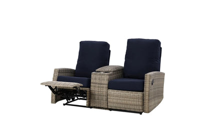 Keywest Outdoor Wicker Reclining Console Loveseat Conversation Set with a pair of recliners in Sunbrella® Navy | Outdoor Sofa Set