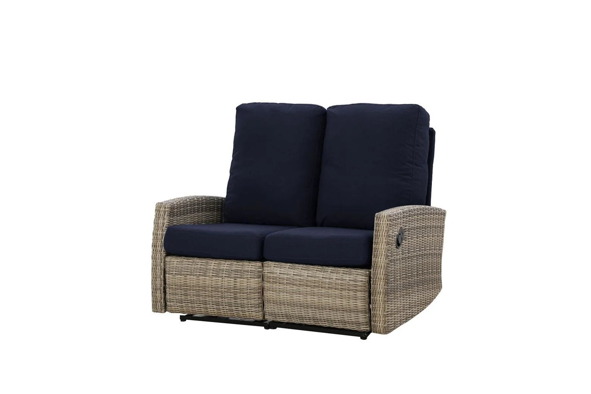 Keywest Outdoor Wicker Reclining Loveseat Conversation Set with a pair of recliners in Sunbrella® Navy | Outdoor Sofa Set