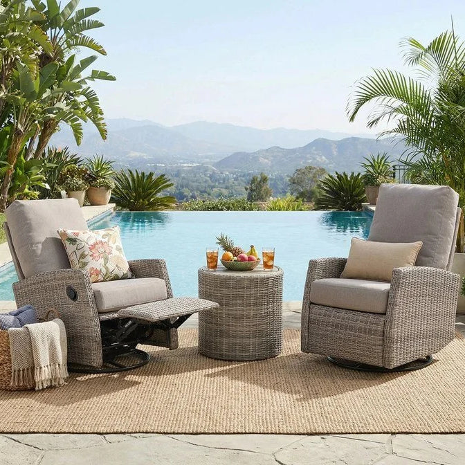 Keywest Wicker Outdoor 2PC Swivel Glider Recliner and Side Table in Sunbrella® Cast Shale | Outdoor Bistro Set