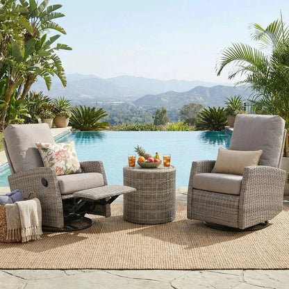 Keywest Wicker Outdoor 2PC Swivel Glider Recliner and Side Table in Sunbrella® Cast Shale | Outdoor Bistro Set