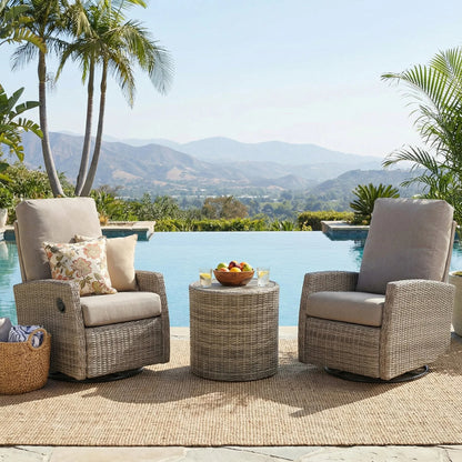 Keywest Wicker Outdoor 2PC Swivel Glider Recliner and Side Table in Sunbrella® Cast Shale | Outdoor Bistro Set
