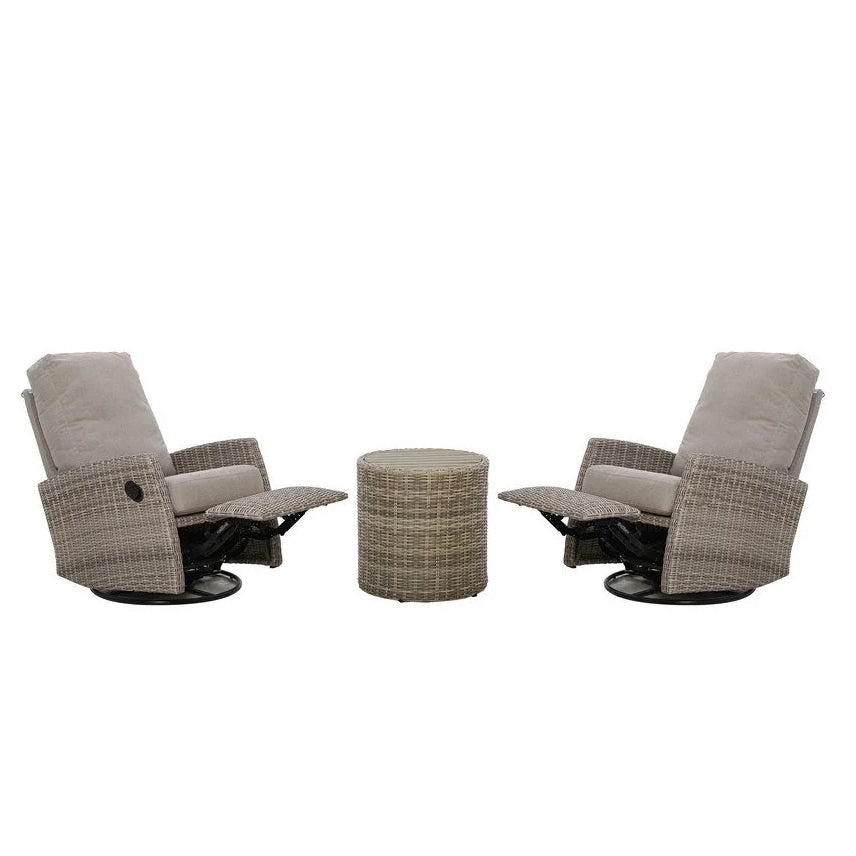 Keywest Wicker Outdoor 2PC Swivel Glider Recliner and Side Table in Sunbrella® Cast Shale | Outdoor Bistro Set