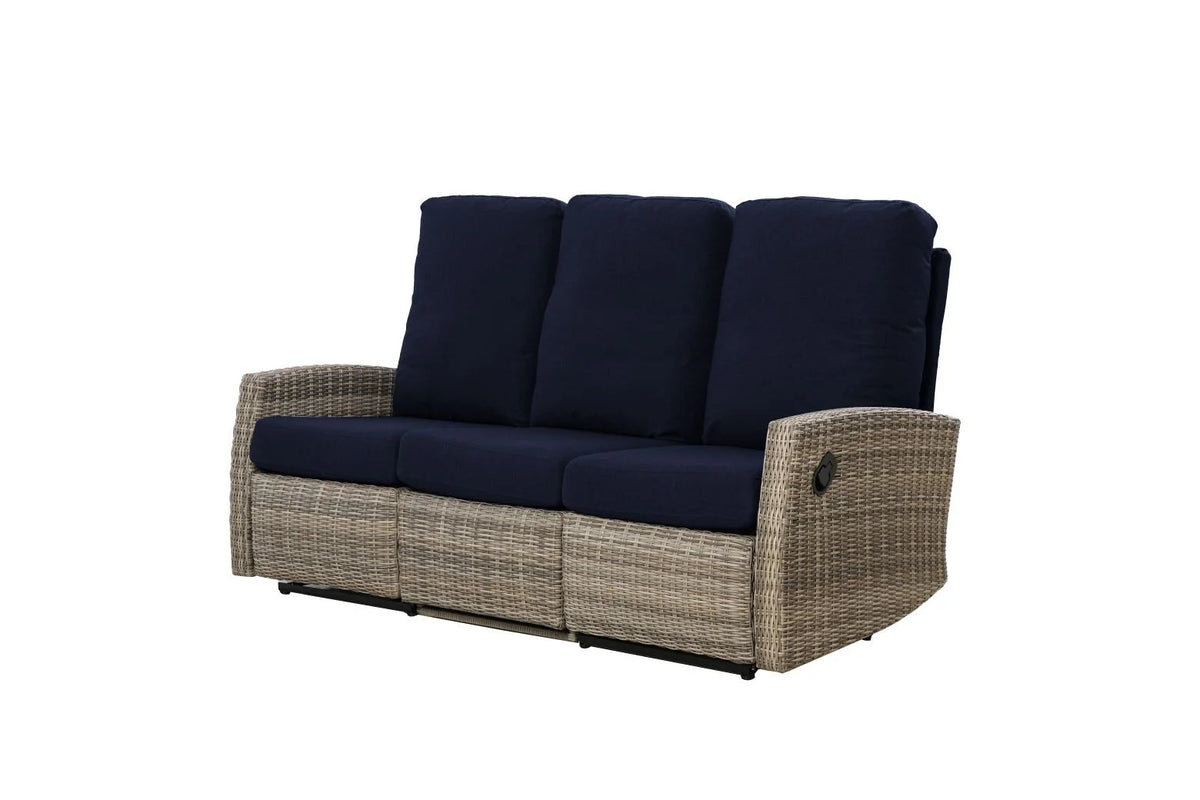 Keywest Outdoor Wicker Reclining Sofa Conversation Set with a pair of recliners in Sunbrella® Navy | Outdoor Sofa Set