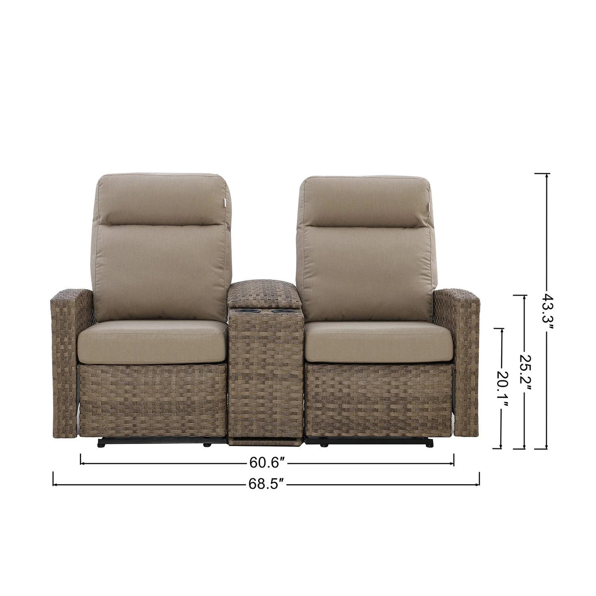 Newport Outdoor Wicker Reclining Console Loveseat Conversation Set with 2 Recliners in Sunbrella — O - size