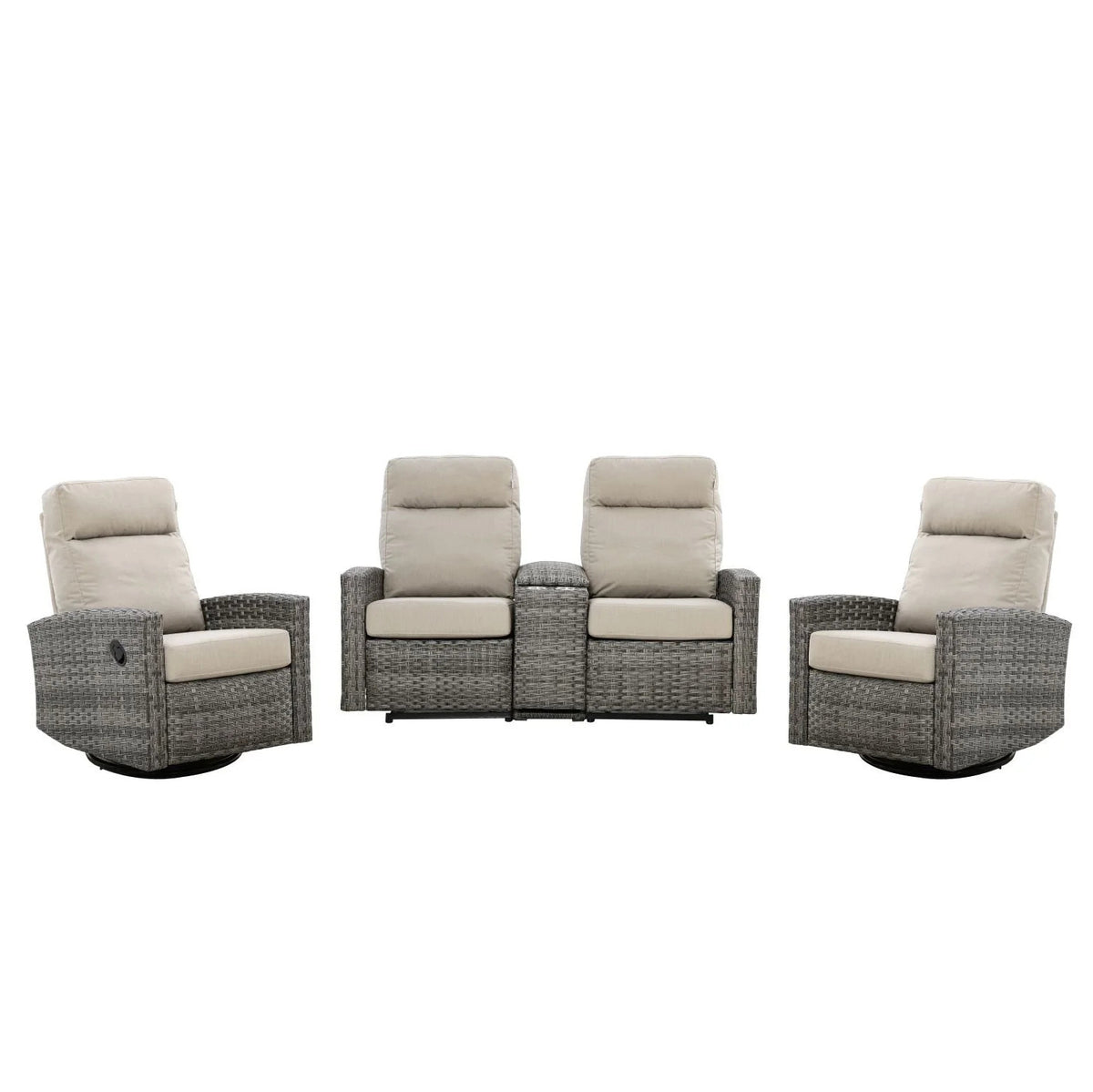 Malibu II Outdoor Wicker Reclining Console Loveseat Conversation Set with a pair of Recliners in Sunbrella® Canvas Taupe | Outdoor Set