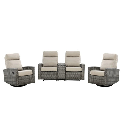 Malibu II Outdoor Wicker Reclining Console Loveseat Conversation Set with a pair of Recliners in Sunbrella® Canvas Taupe | Outdoor Set