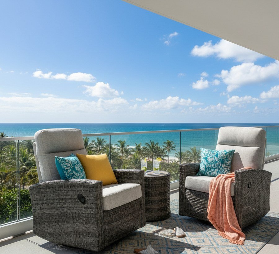 Two Malibu II swivel glider recliners and a side table on a balcony with a glass railing and sea view