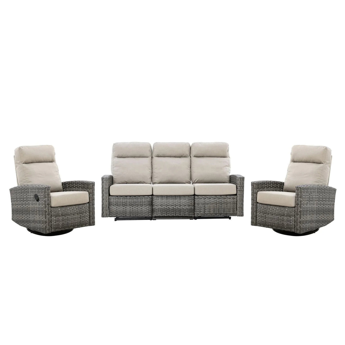 Malibu II Outdoor Wicker Reclining Sofa Conversation Set with a pair of Recliners in Sunbrella® Canvas Taupe | Outdoor Set