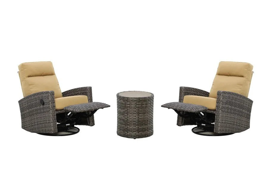 Malibu II Wicker Outdoor 2PC Swivel Glider Recliner in Sunbrella® Canvas Brass and Side Table | Outdoor Bistro Set