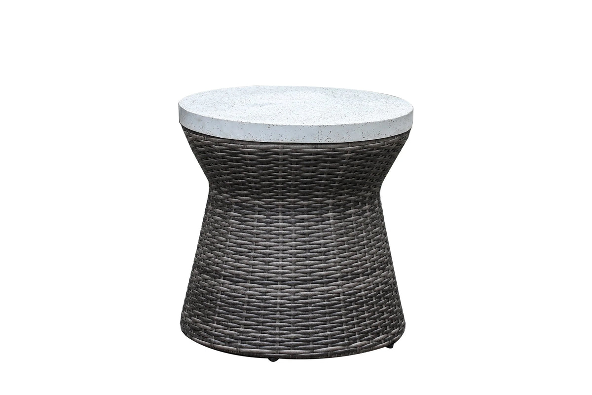 Monterey Driftwood Wicker Outdoor 2PC Swivel Glider Recliner in Oyster and Side Table | Outdoor Bistro Set