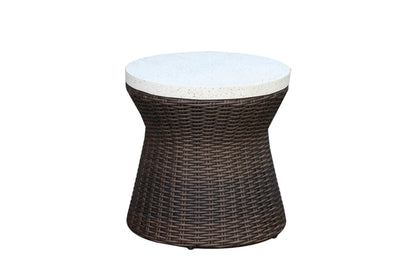 Monterey Espresso Wicker Outdoor 2PC Swivel Glider Recliner in Dune and Side Table | Outdoor Bistro Set