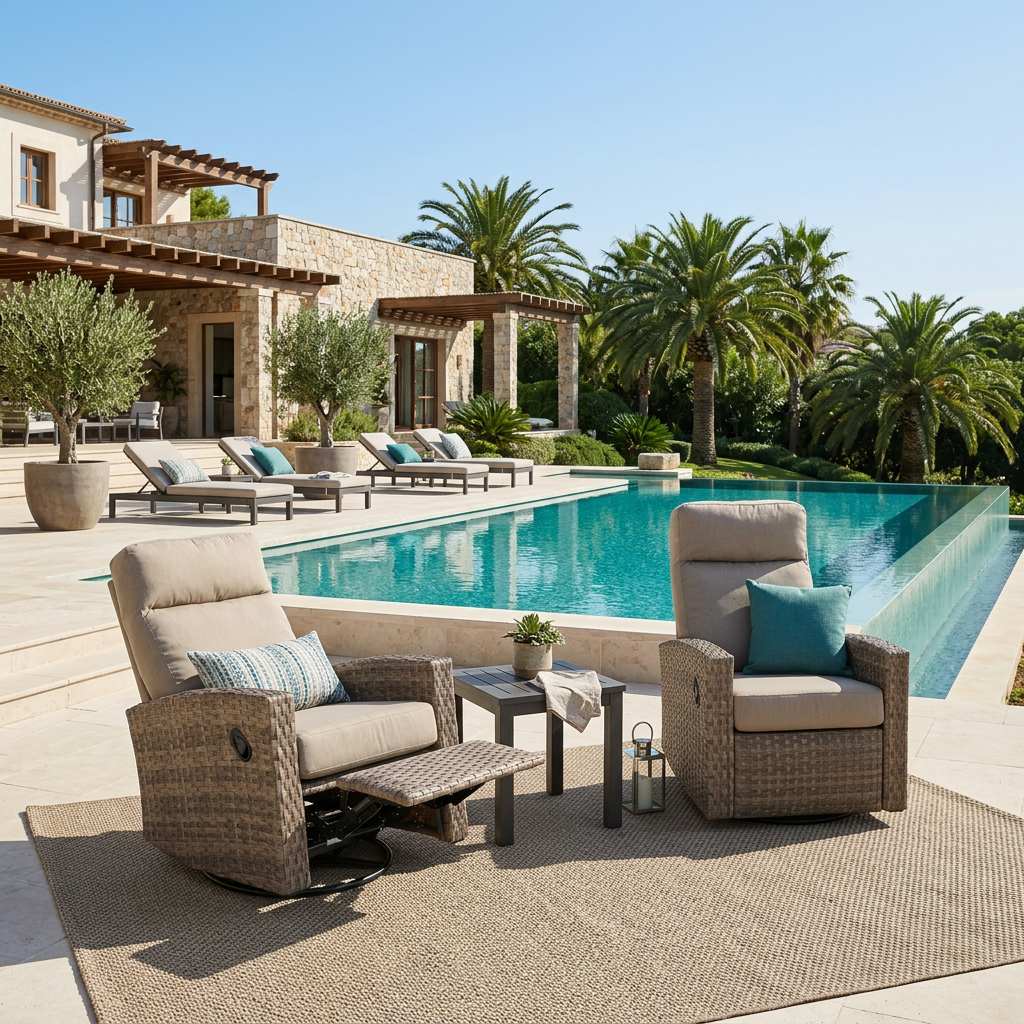 Newport Wicker Outdoor 2PC Swivel Glider Recliner in Sunbrella® Spectrum Mushroom and Side Table | Outdoor Bistro Set