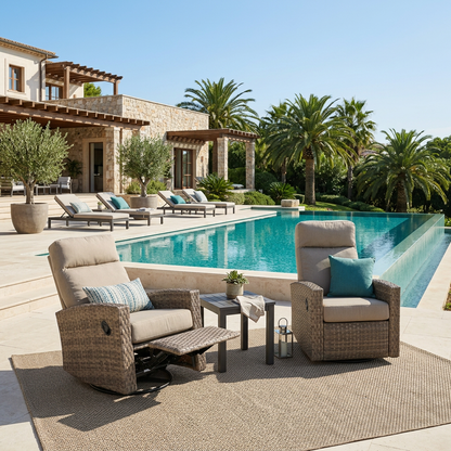 Newport Wicker Outdoor 2PC Swivel Glider Recliner in Sunbrella® Spectrum Mushroom and Side Table | Outdoor Bistro Set