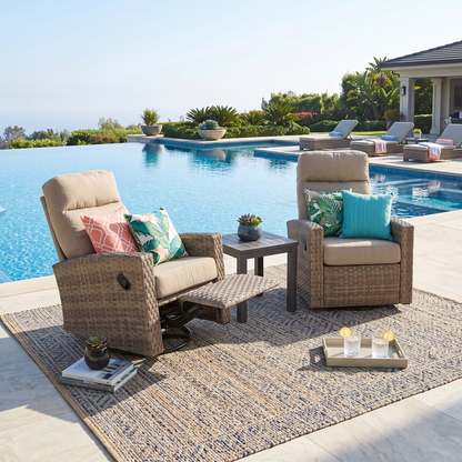 Newport Wicker Outdoor 2PC Swivel Glider Recliner in Sunbrella® Spectrum Mushroom and Side Table | Outdoor Bistro Set