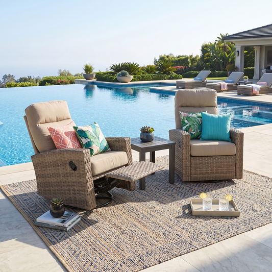 Newport Wicker Outdoor 2PC Swivel Glider Recliner in Sunbrella® Spectrum Mushroom and Side Table | Outdoor Bistro Set
