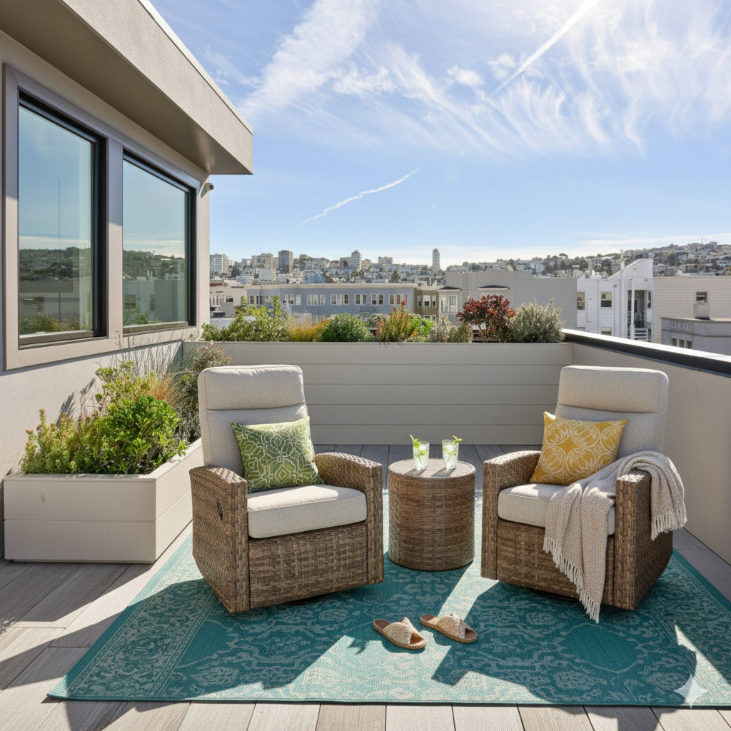Newport Wicker Outdoor 2PC Swivel Glider Recliner and Wicker Side Table | Outdoor Bistro Set