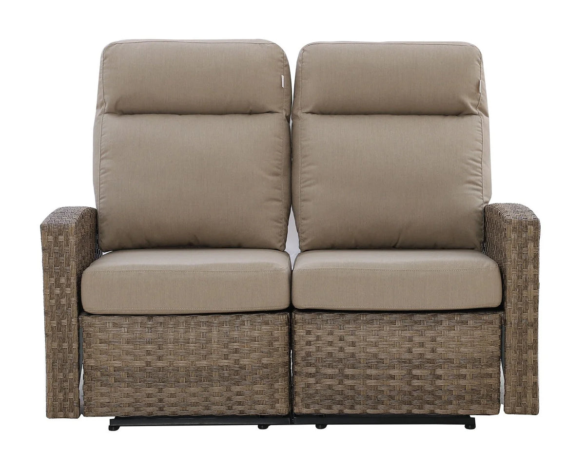 Newport Outdoor Wicker Reclining Loveseat Conversation Set with a pair of Recliners in Sunbrella® Spectrum Mushroom | Outdoor Set