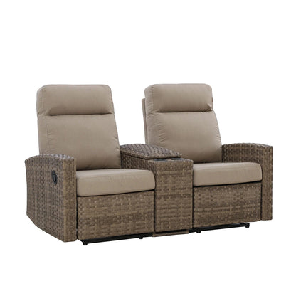 Newport Outdoor Wicker Reclining Console Loveseat Conversation Set with a pair of Recliners in Sunbrella® Spectrum Mushroom | Outdoor Set