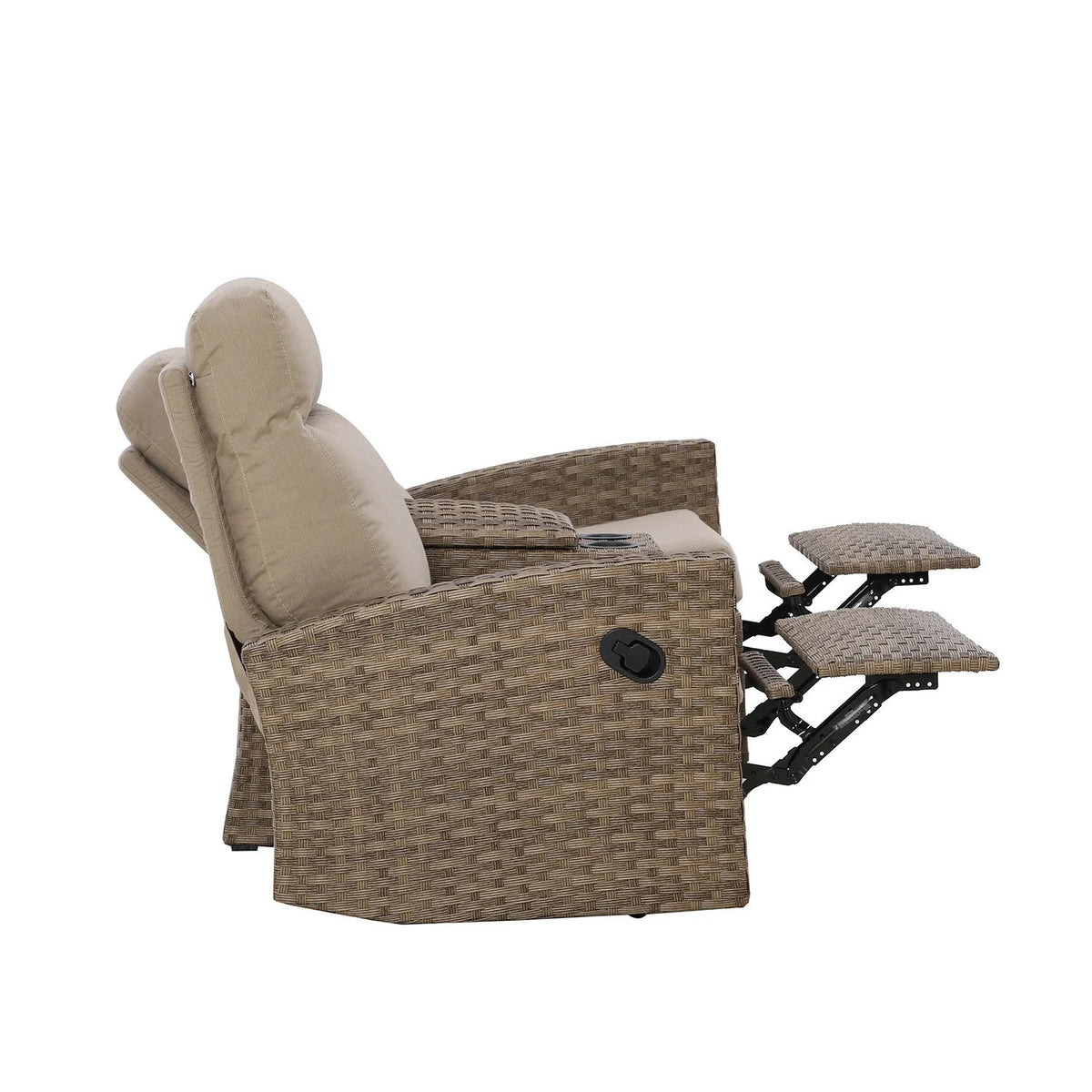Newport Outdoor Wicker Reclining Console Loveseat Conversation Set with a pair of Recliners in Sunbrella® Spectrum Mushroom | Outdoor Set