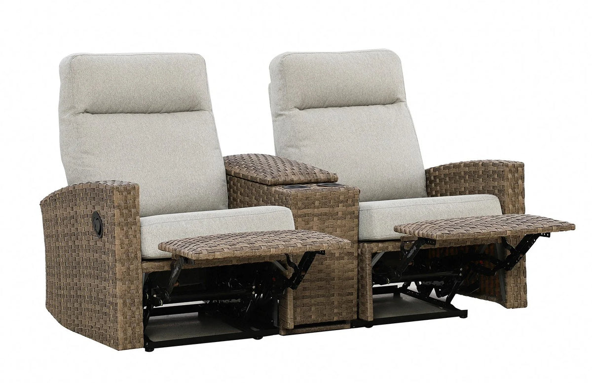 Newport Outdoor Wicker Reclining Loveseat Sofa with Console