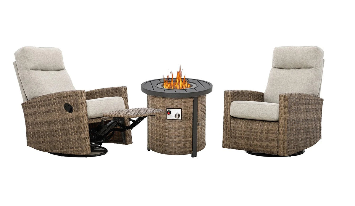 Newport Outdoor Firepit Bistro Set | 2PC Wicker Swivel Glider Recliner with Firepit Table