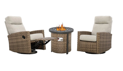 Newport Outdoor Firepit Bistro Set | 2PC Wicker Swivel Glider Recliner with Firepit Table