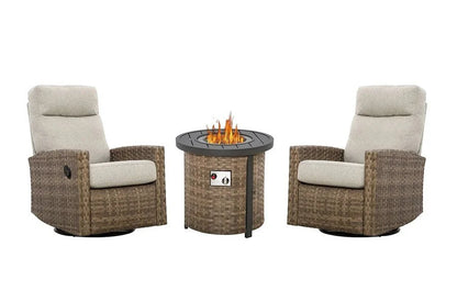 Newport Outdoor Firepit Bistro Set | 2PC Wicker Swivel Glider Recliner with Firepit Table