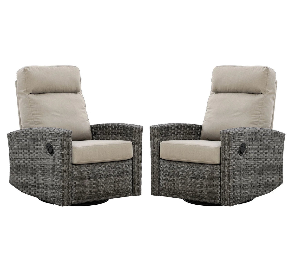 Pair of Malibu II Wicker Outdoor Swivel Glider Recliner in Sunbrella® Canvas Taupe  | Patio Lounge Chair x 2