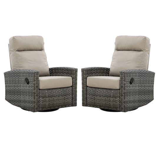 Pair of Malibu II Wicker Outdoor Swivel Glider Recliner in Sunbrella® Canvas Taupe  | Patio Lounge Chair x 2