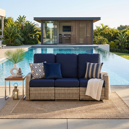 Keywest Three-Seat Outdoor Wicker Reclining Sofa in Sunbrella® Canvas Navy