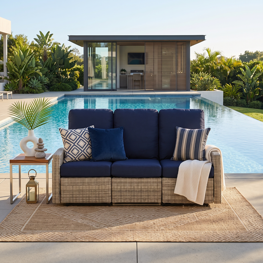 Keywest Three-Seat Outdoor Wicker Reclining Sofa in Sunbrella® Canvas Navy