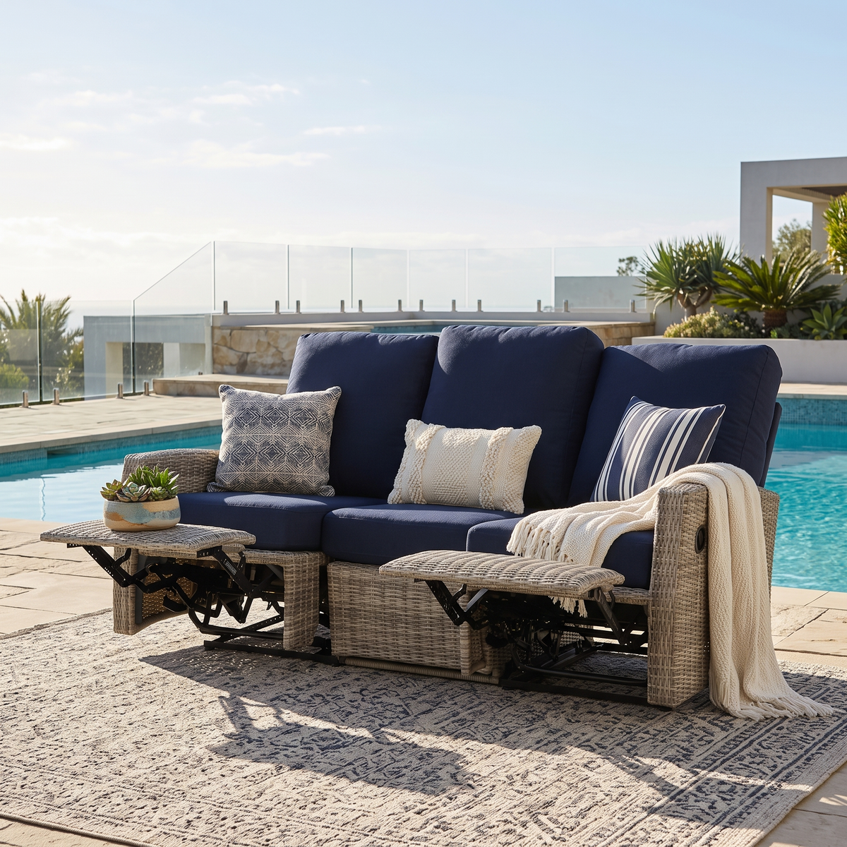 Keywest Three-Seat Outdoor Wicker Reclining Sofa in Sunbrella® Canvas Navy