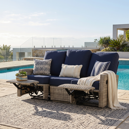 Keywest Three-Seat Outdoor Wicker Reclining Sofa in Sunbrella® Canvas Navy