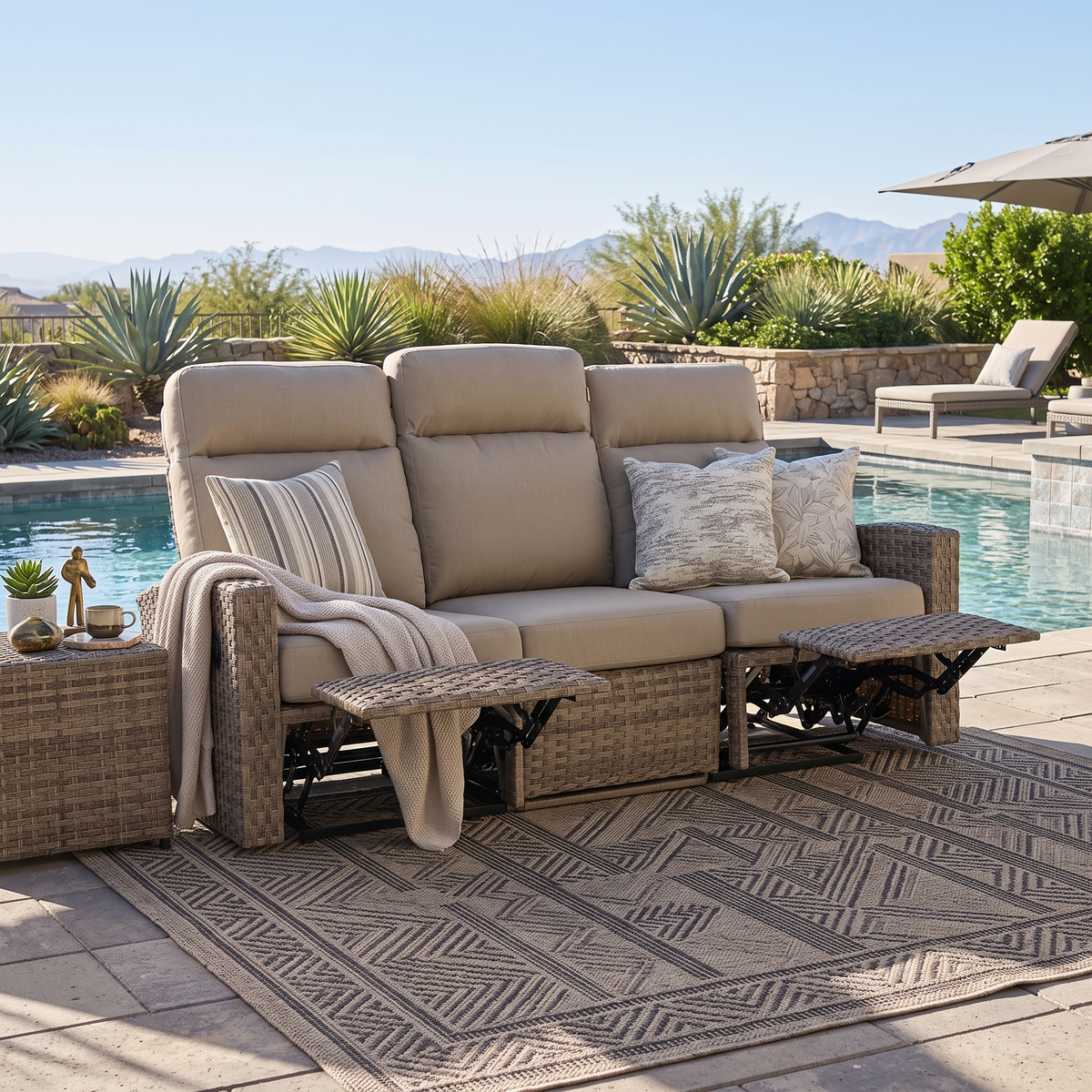 Newport Three-Seat Outdoor Wicker Reclining Sofa in Sunbrella® Spectrum Mushroom