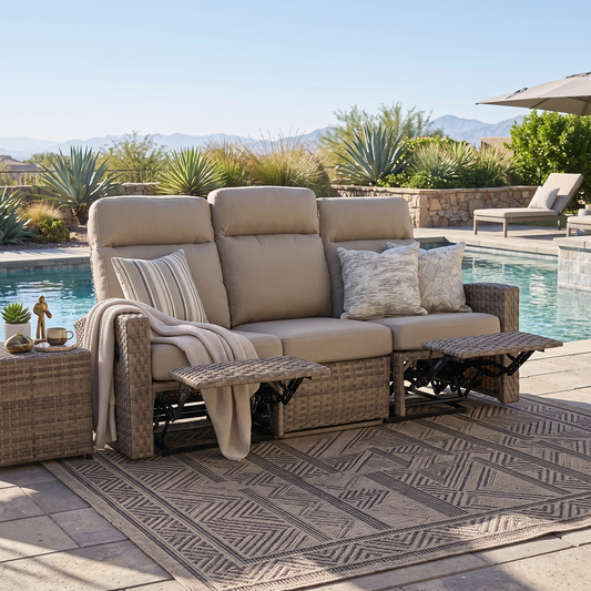 Newport Three-Seat Outdoor Wicker Reclining Sofa in Sunbrella® Spectrum Mushroom