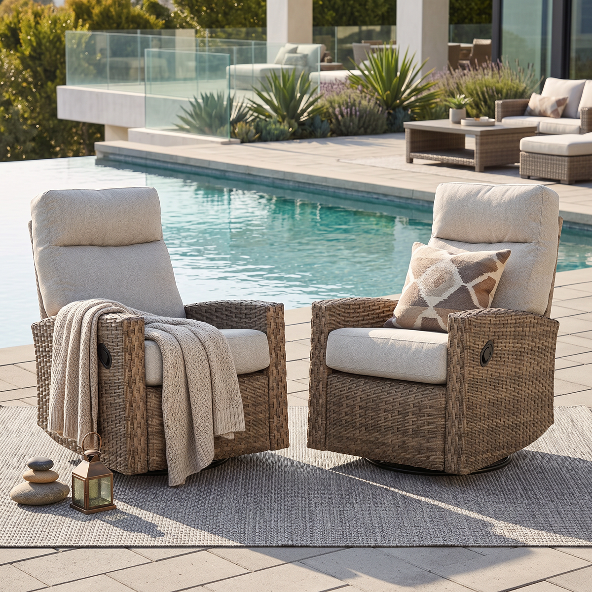 Pair of Newport Wicker Outdoor Swivel Glider Recliner  | Patio Lounge Chair x 2