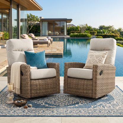 Pair of Newport Wicker Outdoor Swivel Glider Recliner  | Patio Lounge Chair x 2