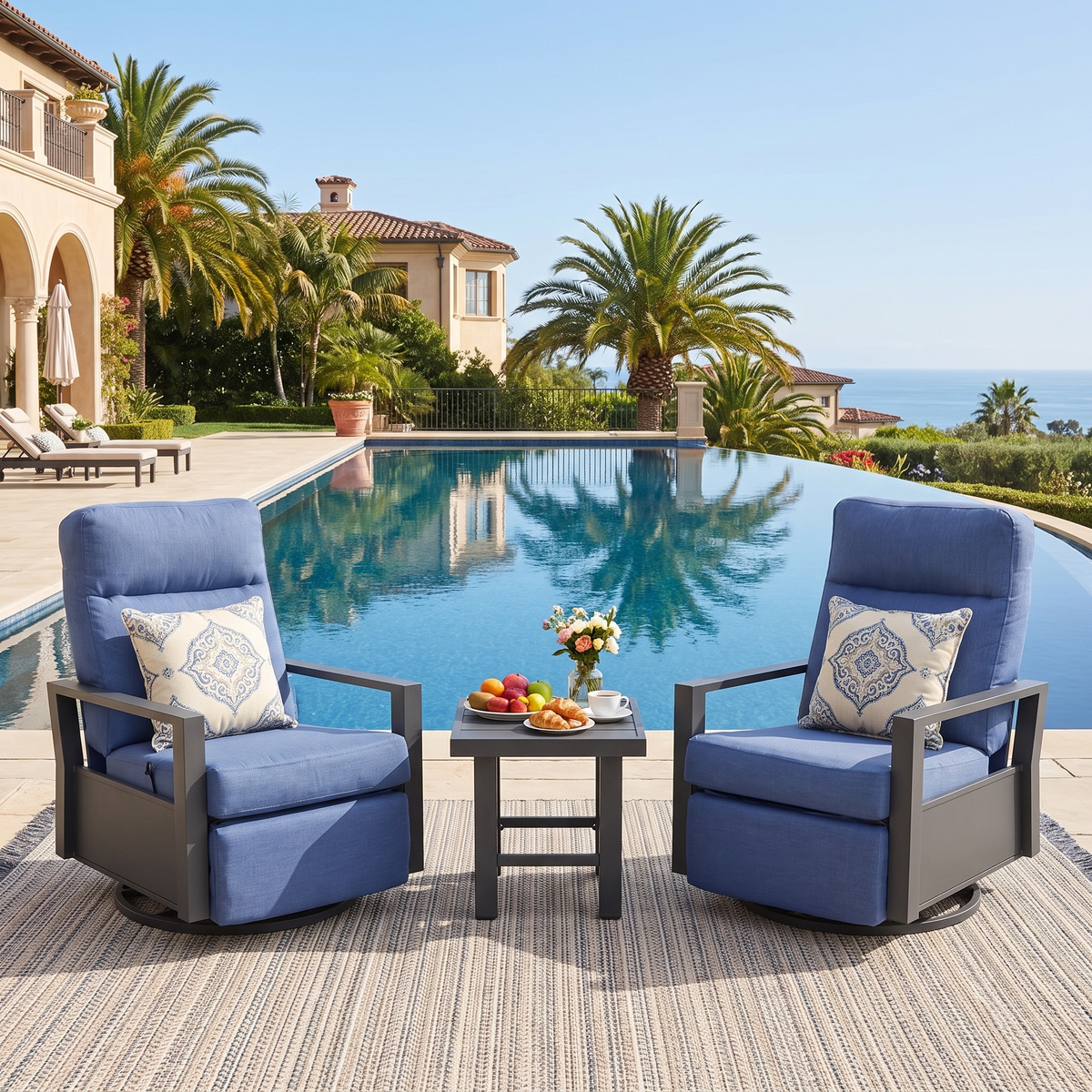 Shoreline Aluminum Outdoor 2PC Swivel Glider Recliner and Side Table | Outdoor Bistro Set
